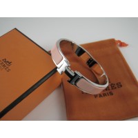 Hermes Pink Enamel Clic H Bracelet Narrow Width (12mm) In Silver